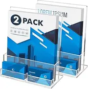 Rarapop A4 Acrylic Leaflet Holder with Business Card Holder, 2 Pack Clear Flyer Holder Countertop Brochure Display Stand for Magazine, Pamphlet, Booklets, Menu, Journals, Business Card (A4)