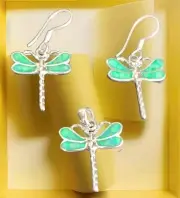 Erick's Sterling Silver Green Opal Dragonfly Set Taxco.925
