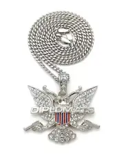 Iced Silver PT DEPLOMATS Eagle Pendant & Box Cuban Rope Chain Hip Hop Necklace