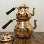 Turkish Hammered Copper Teapot, Set Double Tea Kettle Wooden Handle Traditional