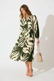 Maribelle Dress Full Length Sleeve in Green with Cream Leaf Print 8