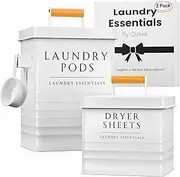 QUILIVIK Modern Farmhouse Metal laundry Containers (White, Laundry Pod Container + Dryer Sheet Holder)