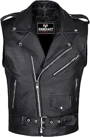 RIDERACT Mens Motorcycle Leather Vest Brando Sleeveless Jacket Style Vest Motorbike Riders Protective Gear Touring Club Waistcoat Biker safety Gear