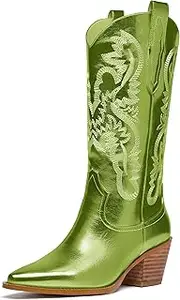 [driceic] Mid Calf Metallic Cowboy Boots For Women Glitter Western Embroidered Cowgirl Boots Wide Calf Chunky Heel Wide Calf Short Boots Pull on Pointy Toe Fashion Vintage Boots
