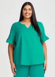 [Taking Shape] Taking Shape Cotton Linen Flutter Sleeve Top Size 20 in Emerald - Plus Size Women's Clothing Emerald