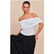 Cream Textured Bardot Fold Over Detail Long Top, Cream