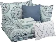 Amazon Basics 10-Piece Bed-in-a-Bag - Soft, Easy-Wash Microfiber - Full/Queen, Sea Foam Medallion