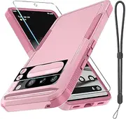 RMOCR for Google Pixel 8 Pro Case, Full Body Heavy Duty Rugged Shockproof Protective Phone Cover with Wrist Lanyard Strap, Tempered Glass Screen Protector and Camera Lens Cover, Cute Pink
