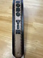 CUSTOM MADE HAND- TOOLED DARK BROWN LEATHER GUITAR STRAP WITH NAME