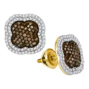 10kt Yellow Gold Womens Round Brown Diamond Quatrefoil Cluster Earrings 3/4