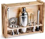 Mixology & Craft 11-Piece Bartender Kit with Wood Stand Crate, Silver