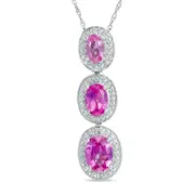 Oval Lab-Created Pink Sapphire and Diamond Accent Frame Three Stone Pendant in Sterling Silver