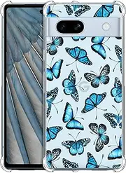 [SuzaCase] Clear Case for Google Pixel 7A 5G - Pixel 7A Case with Stylish Butterfly Blue Pattern Design Printed Durable Clear Shockproof Drop Protection Phone Back Case/Cover for Pixel 7A