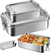 Stainless Steel Lunch Box Set for Kids and Adults, Leak Proof Metal Bento Box for Work, School, Meal Prep, Snack Container, Food Storage, Durable and Easy Clean (2 Pack 1400ml + 550ml)
