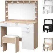 ALFORDSON Dressing Table Stool Set Makeup Desk with LED Mirror Lights in 3-Colour 12 Bulbs, Vanity Dresser Organiser with Chair & Multi Storage Drawers for Women Bedroom, Wood White