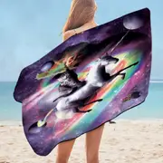 Crazy Funny Space Cat Riding Unicorn with Tacos and Rainbow Microfiber Beach Towel
