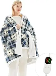 PLOATH Heated Electric Blanket Shawl: Heating Throw Heated Poncho - Wearable Blanket Hoodie Wrap Sherpa with 10 Heating Levels & Multi Heating Time Settings (40x70'' Blue)