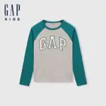 【GAP】兒童裝 LOGO純棉印花圓領長袖T恤-灰綠拼接(646127)