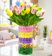 Easter Decorations,Easter Peeps Decor,15 Artificial Tulips with 45 Bunnies Va...