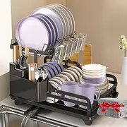 Dish Drying Rack,2Tier Large Dish Drainers for Kitchen Counter,Rustproof Kitchen Dish Holder with Drainboard, Tableware Drying Rack with Cutting Board Holder,Cup Holder, Cutlery Rack,Saving Space