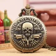 Antique Bronze Retro Steampunk Skull 2ND AMENDMENT Analog Quartz Pocket Watch