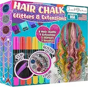 Jim&Gloria Dustless Hair Chalk for Girls Washable with Clip in Hair Extensions, Brushes and Glitters, Kids Temporary Color Dye, Gifts for Teen Girl Trendy Stuff, Teenage 7 8 9 10 11 12 13 14 Year Old