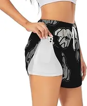 [WURTON] American Bulldog Head Print Exercise Gym Workout Shorts Women's Athletic Shorts Dual-Layered Yoga Running Shorts