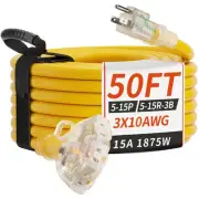 50 FT 10/3 Gauge Outdoor Extension Cord with Multiple Outlets Light Indicator...