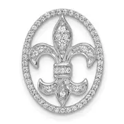 Solid 14k White Gold Oval 1/5ct. Simulated CZ Fleur de Lis Chain Slide