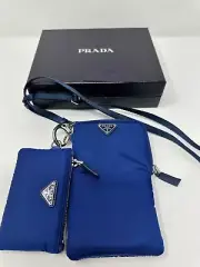 Authentic Prada Re Nylon Cellphone Case Lanyard 2 Pouch Blue Tessuto NIB