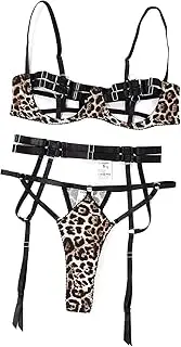 [ZBQYGO] Women's Temptation Leopard Print Sexy Hollowing Bra and Panty Set Strap Three-point Exotic Costume