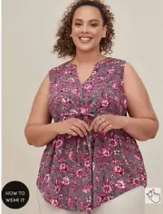 TORRID EMMA Women’s Plus Size GRAY FLORAL BABYDOLL SLUB TIE WAIST TUNIC TOP SIZE