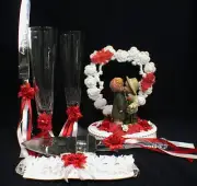 KIM ANDERSON fall Wedding Cake Topper LOT Top Glasses Server set Pretty orange
