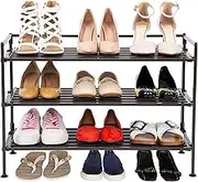 Seville Classics Sturdy Freestanding Storage Shelf for Bedroom, Closet, Entryway, Dorm Room Organizer, Stackable Durable Metal Shoe Rack, Espresso Slat, 3-Tier (New Model)