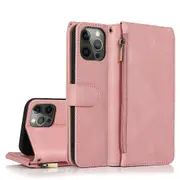Pro Max Case 8 Card Slots Retro Leather Wallet Shockproof Flip Kickstand Cover with Zipper Pocket - Rose Gold