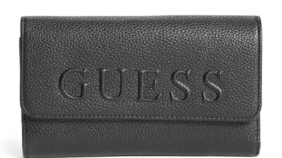 NEW GUESS Women's Donohue Black Logo Embossed Faux Pebbled Leather Wallet