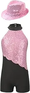 [Jugaoge] Kids Girls Sequins Gymnastics Leotard Biketard Short Jumpsuit with Hat Set Latin Jazz Performance Dancewear