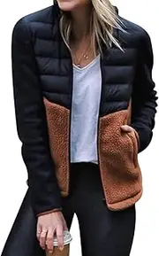 [LAPHAL] Womens Long-Sleeve Zipper Front Patchwork Down Jacket Slim Fit Contrast Color Coat Fall Winter Sherpa Fleece Jacket