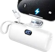 Portable Charger, Mini Power Bank, 5000mAh Phone Charger, Compact Battery Pack for iPhone & Android, USB C Cable, LCD Display, Battery Bank Compatible for iPhone 14/13/12/11/XS/X/8/7/6/5