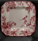 222 FIFTH CHRISTMAS LANE DINNER PLATES SQUARE Red Toile Poinsettia Cardinal Bird