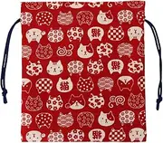 Kyoyu Drawstring Bag, Goshuin Book, Small Items, Cat, Japanese Pattern, Cotton, Made in Japan, Nyankon, Red, 8.9 x 8.9 inches (22.5 x 22.5 cm)