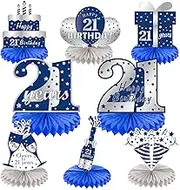 Kauayurk 8Pcs 21st Birthday Honeycomb Centerpieces Decorations for Boys, Blue Silver Happy 21st Birthday Table Centerpiece Party Supplies, Twenty First Year Old Table Topper Decor