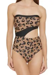 DKNY Cutout Leopard One-Shoulder Swimsuit, Mocha/Black Size 10 $110