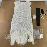 Women's Large White Sequin Fringe Flapper Dress & Accessory Set 9 Pieces NWT