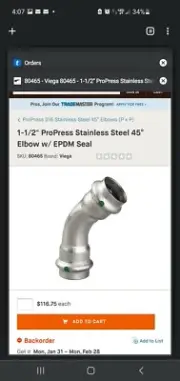 NEW Viega 80465 1-1/2" ProPress Stainless Steel 45° Elbow w/ EPDM Seal