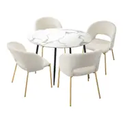 Oikiture 110cm Round Dining Table with 4PCS Dining Chairs Sherpa Gold