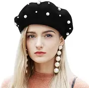 [WOFASHPURET] Women Pearl Beret Autumn Beaded Pearl Rivet Beret Hats for Women Beaded Cashmere Warm Wool Cap for Girls (Black)