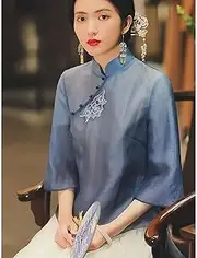 [JIMINISO] Traditional Chinese Tang Suit Top Graceful Light Blue Long Sleeve Collar Lotus Embroidered Modified Hanfu Top