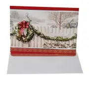 1 Hallmark White Glittery Christmas Card+1 Envelope Snowy Wreath on Picket Fence