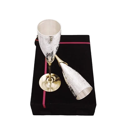 Silver Plated Engraved Goblet Flute Wine Glass with Black Box, 100 ML, Set of 2